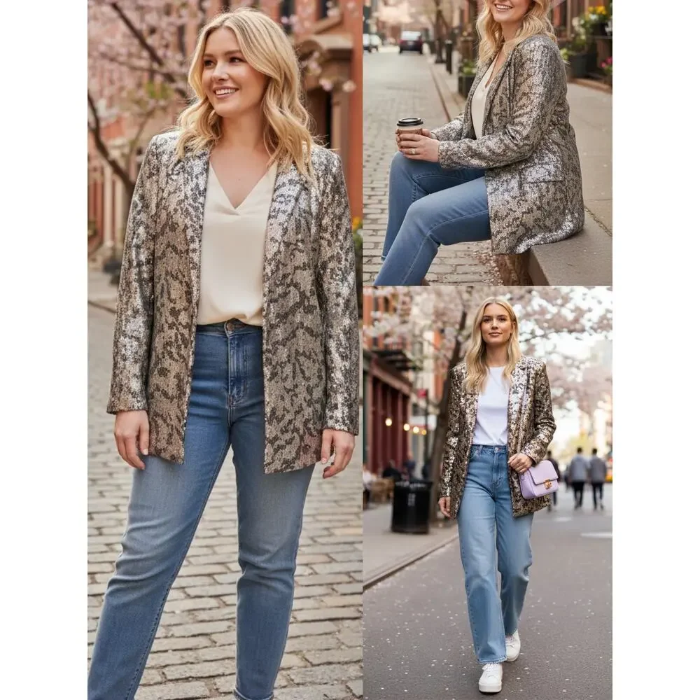 NWT ANTHROPOLOGIE BLAZER JACKET SEQUIN PYTHON SNAKE PRINT ELEVATED BASICS PREPPY